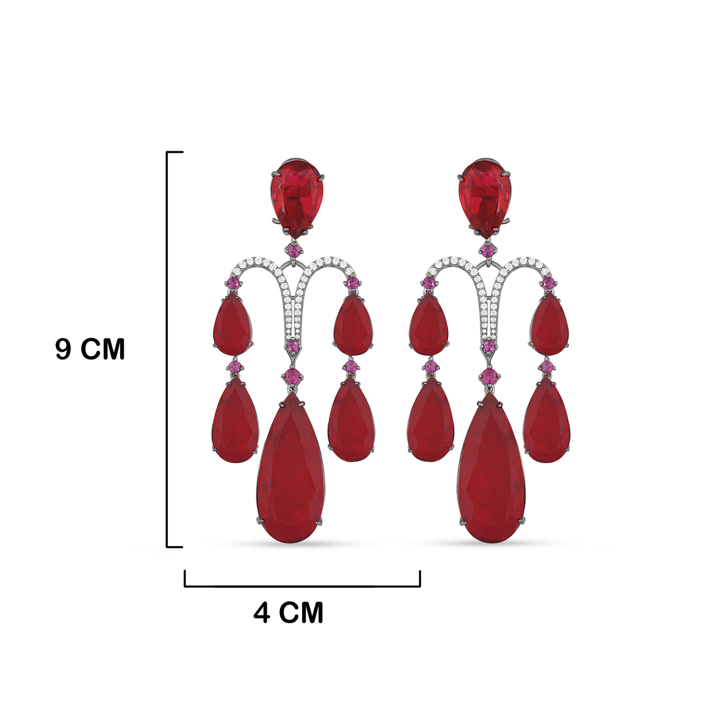 Red and Pink Stoned CZ Earring with measurements in cm. 9cm by 4cm.
