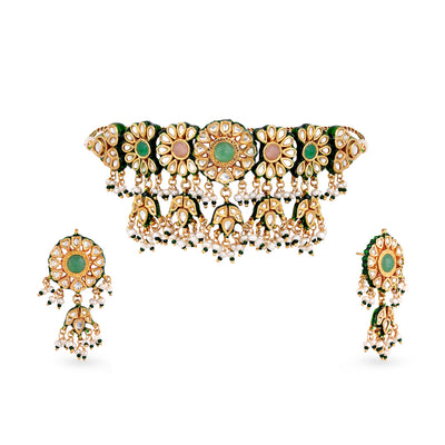 Rose and Green Kundan Necklace Set
