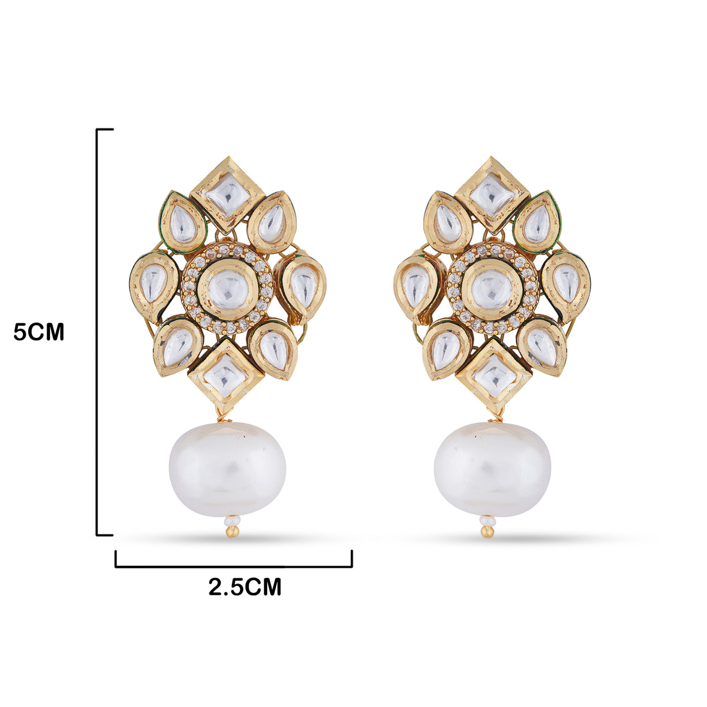 Pearl Drop Classic Kundan Earrings with measurements in cm. 5cm by 2.5cm.