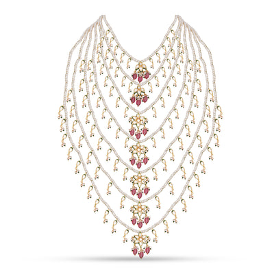 Pink Bead Seven Layered Pearl Necklace 