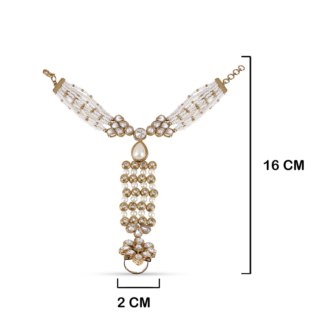 Pearled Kundan Haathphool with measurements in cm. 2cm by 16cm.