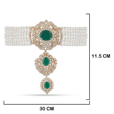 Gold Plated Green and Pearl Choker with Measurements