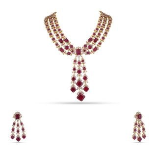 AFRAH - THREE LAYER CUBIC ZIRCONIA RED STONE NECKLACE SET