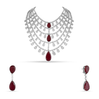 BARZAH - RED STONE DROP MULTI LAYER CZ NECKLACE SET