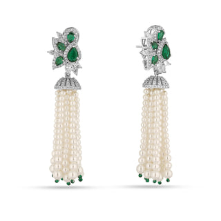 Maysa - Green stone & pearl string CZ earrings