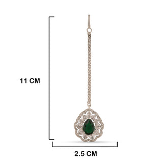 Emerald Drop American Diamond Maang Tikka with measurements in cm. 11cm by 2.5cm.