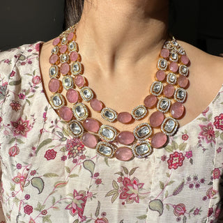 Deeba - Polki & Pink Stone Necklace Set