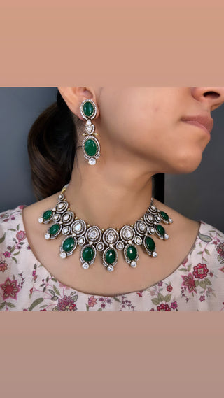 Ashika - Green stone polki necklace set