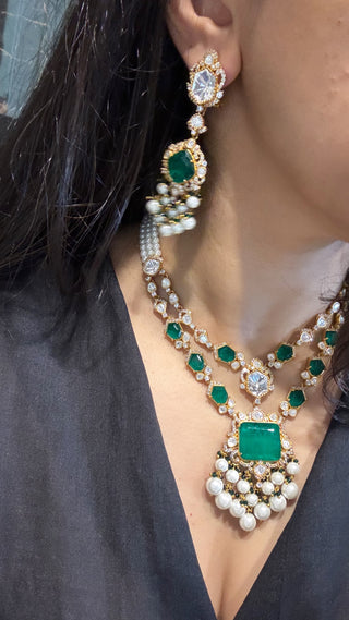 Roshni - Emerald Green Polki & White Doublet Necklace