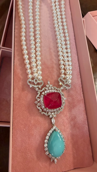 Aighar - Pearl & Green Doublet Stone CZ Long Necklace