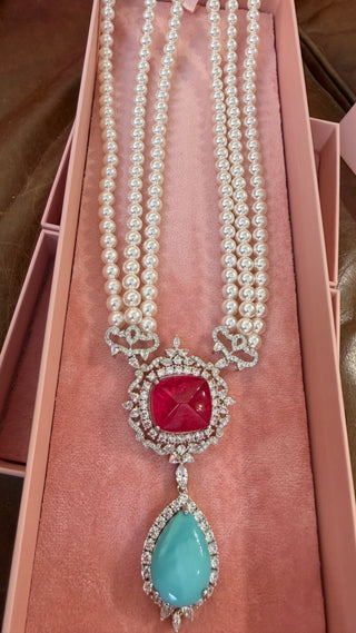 Aighar - Pearl & Green Doublet Stone CZ Long Necklace
