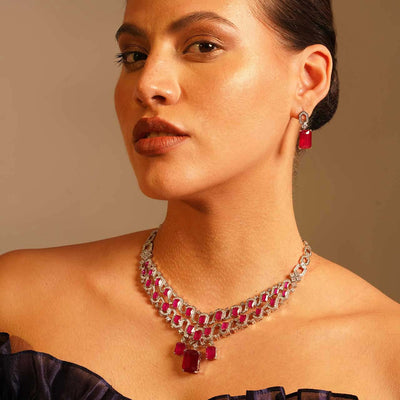 Aimilia - CZ American Diamond Ruby Stone Necklace Set