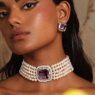 Serena -  Purple Stone Pearl Choker Set