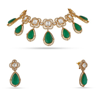 Firdaus - Kundan & Emerald Green Stone Necklace Set