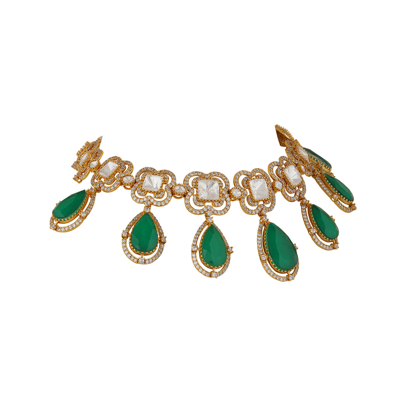 Firdaus - Kundan and emerald green stone necklace set