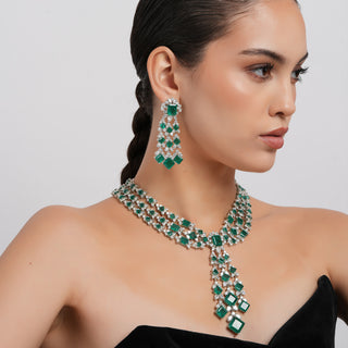 Afrah - Three Layer Cubic Zirconia Green Stone Necklace Set