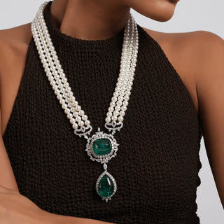 Aighar - Pearl & Green Doublet Stone CZ Long Necklace