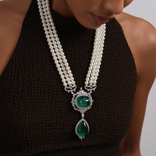 Aighar - Pearl & Green Doublet Stone CZ Long Necklace