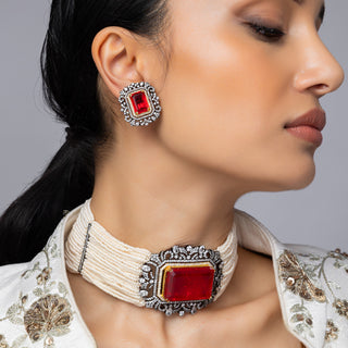 Elyanna-  Red Doublet Stone & Pearl Choker Set