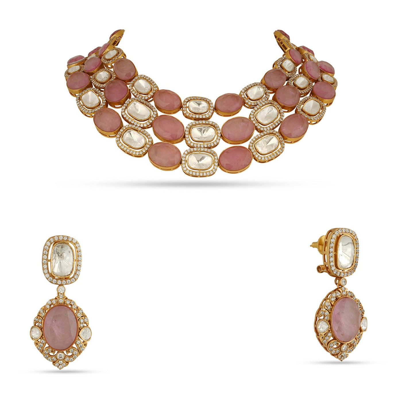 Deeba - Polki & Pink Stone Necklace Set