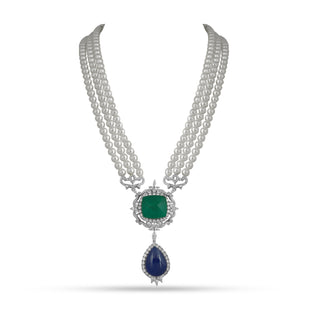 Aighar - Blue & Green Doublet Stone Pearl Long Necklace
