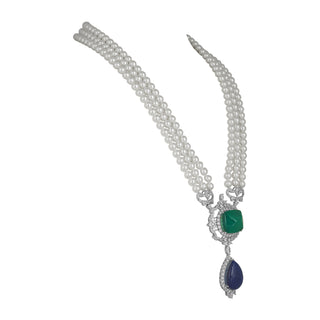 Aighar - Blue & Green Doublet Stone Pearl Long Necklace