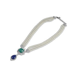 Aighar - Blue & Green Doublet Stone Pearl Long Necklace