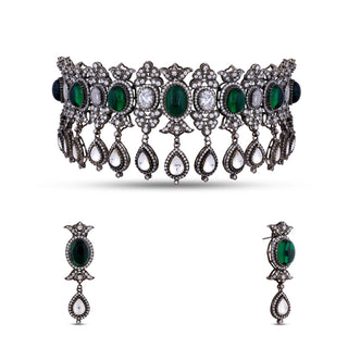 Green and White Stone CZ Choker Set