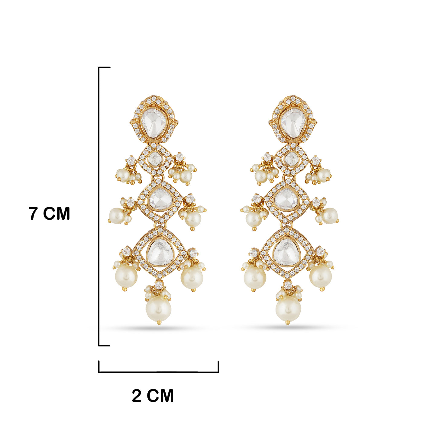 Polki and Pearl Dangle Earrings with measurements in cm. 7cm by 2cm