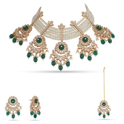 Green Stone Beaded Kundan Necklace Set