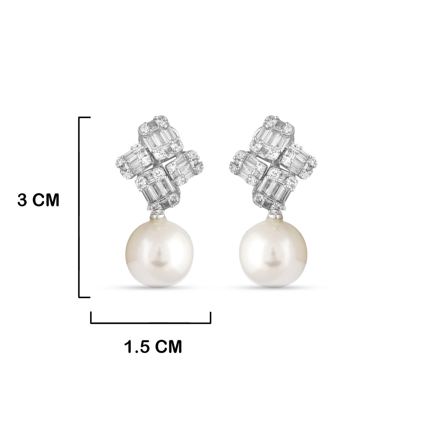 Cubic Zirconia Pearled Dangle Earrings with measurements in cm. 3cm by 1.5cm.