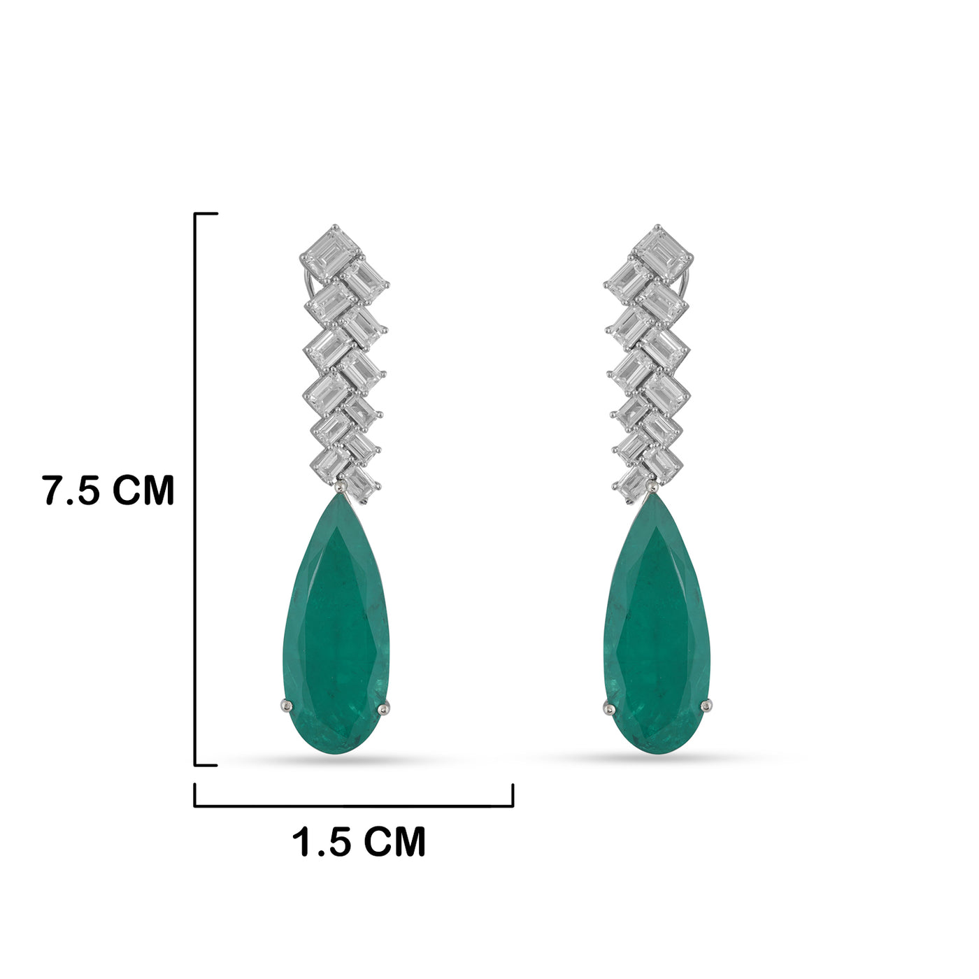 CZ and Green Drop Earrings with measurements in cm. 7.5cm by 1.5cm.