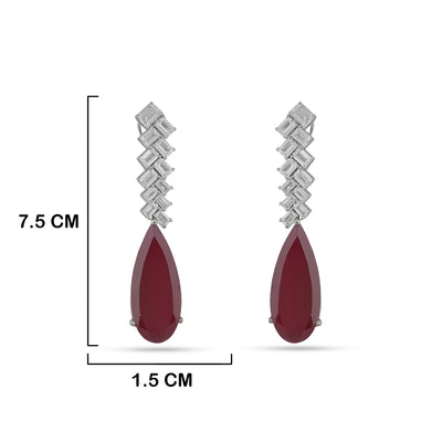 CZ and Ruby Drop Earrings with measurements in cm. 7.5cm by 1.5cm.