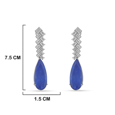CZ and Blue Doublet Drop Earrings with measurements in cm. 7.5cm by 1.5cm.