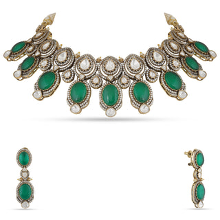 Ashika - Green stone polki necklace set