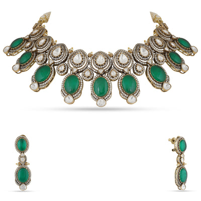 Ashika - Green stone polki necklace set