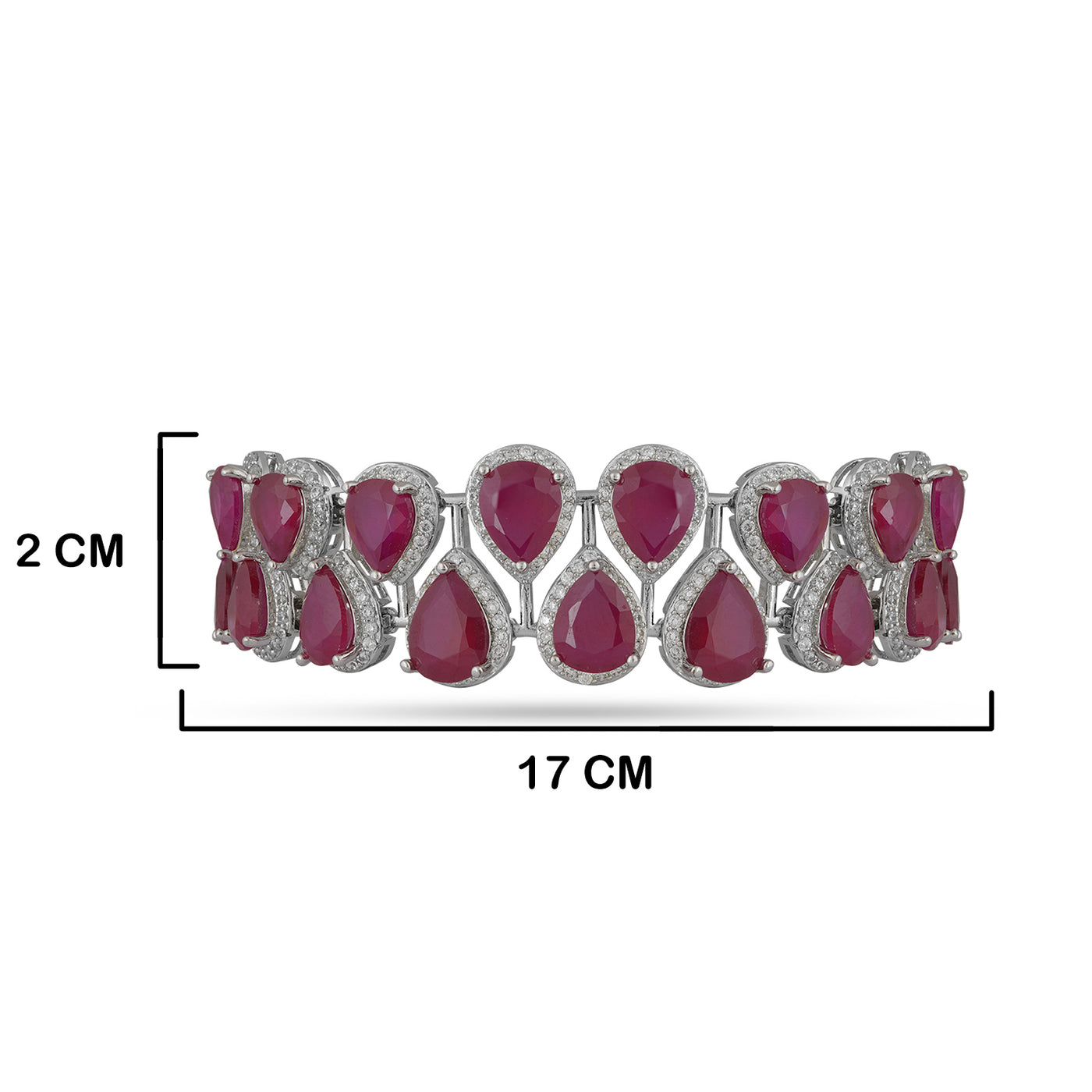 Cubic Zirconia Red Stone Bracelet with measurements in cm 2cm by 17cm.