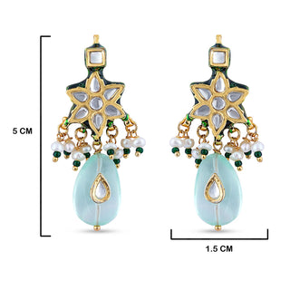 Fluorite Dangle Kundan Earrings with measurements in cm. 5cm in height and 1.5cm in length.