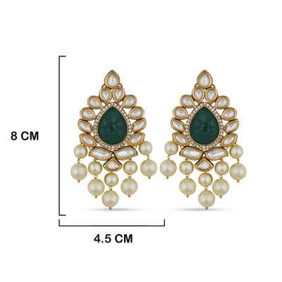 Green Stone Pearl Drop Kundan Earrings with Measurements in cm