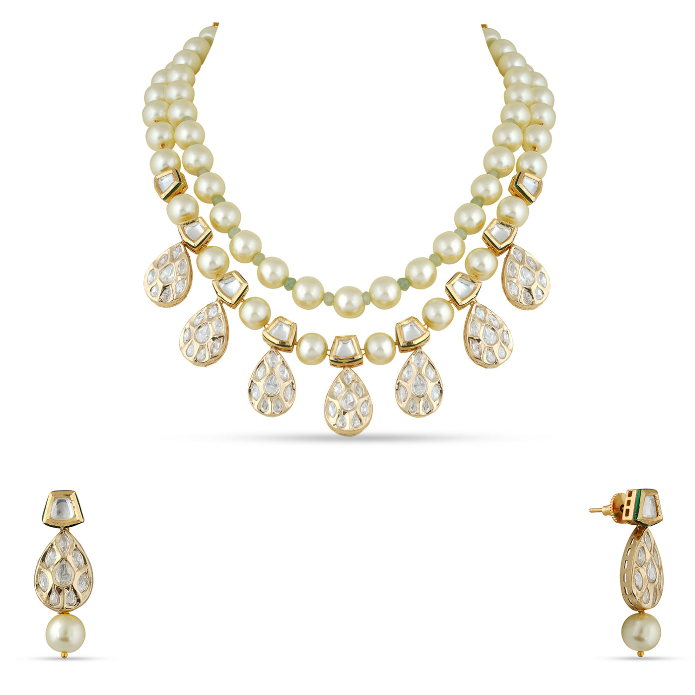 Double Strand Pearl and Kundan Stone Necklace Set