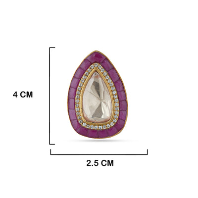 Polki Centred Pink Oval Ring with measurements in cm.