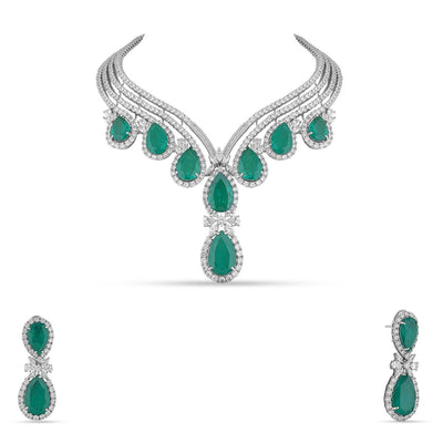 Emerald Green Stone American Diamond Necklace Set