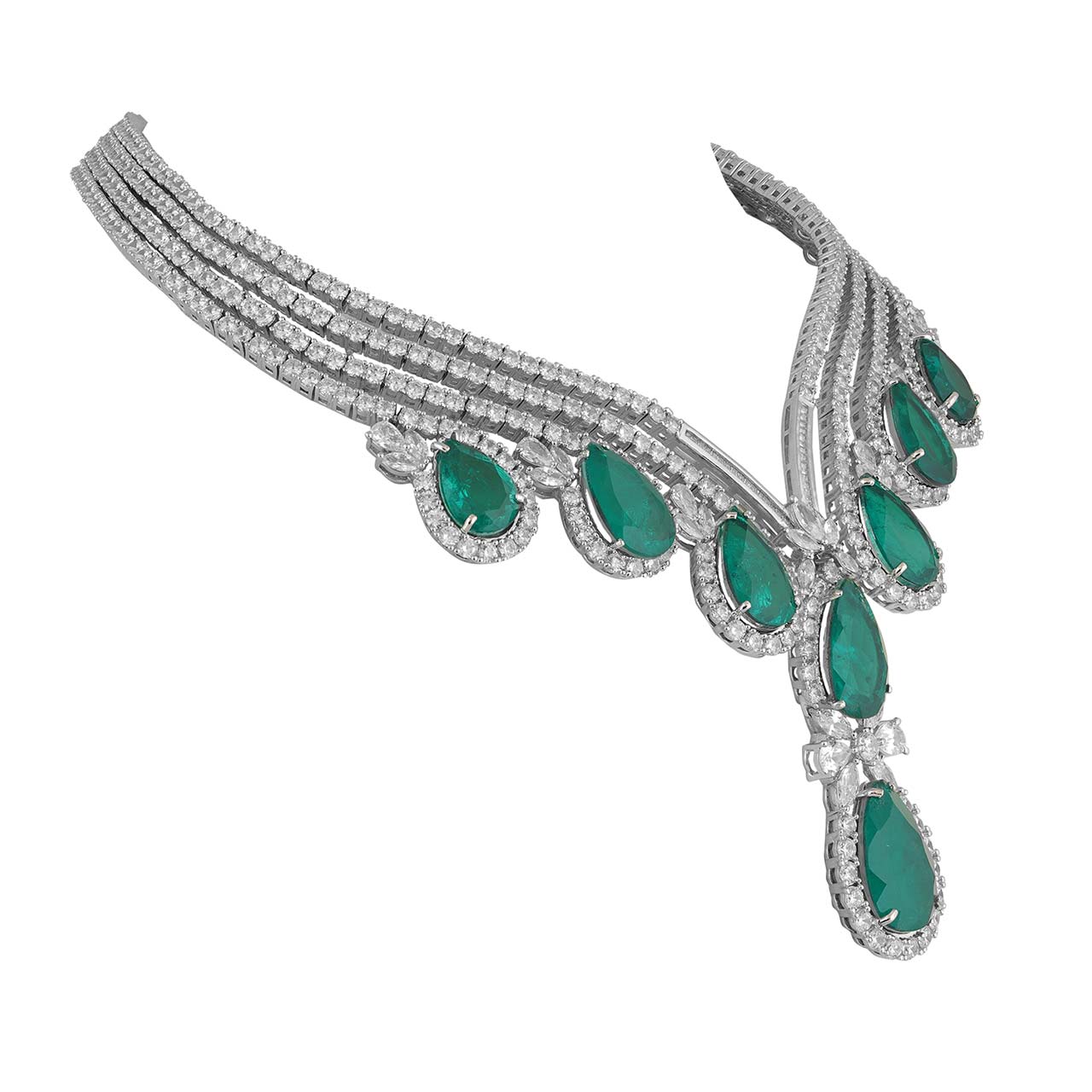 Afizah - Emerald Green Stone American Diamond Necklace Set