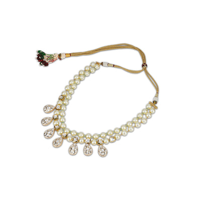 Double Strand Pearl and Kundan Stone Necklace Full View