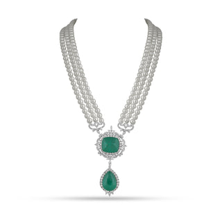 Aighar - Pearl & Green Doublet Stone CZ Long Necklace