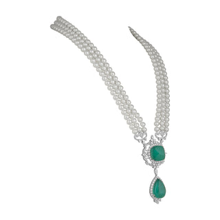 Aighar - Pearl & Green Doublet Stone CZ Long Necklace