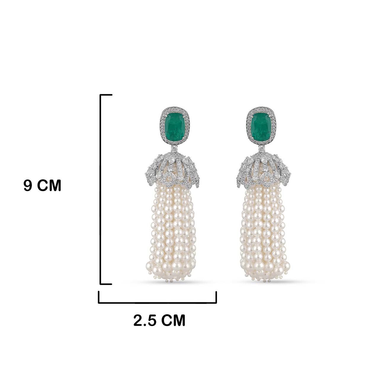 Emerald Green Pearl Drop Earrings with Measurements in cm
