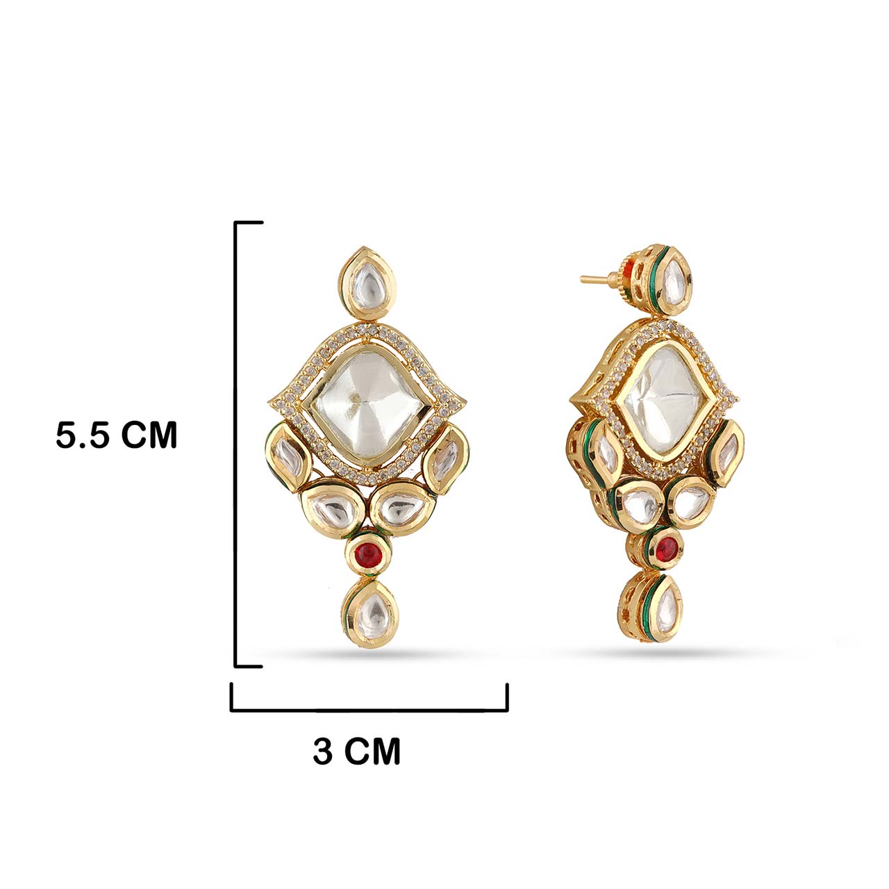 Kundan White Stone Earrings with Measurements