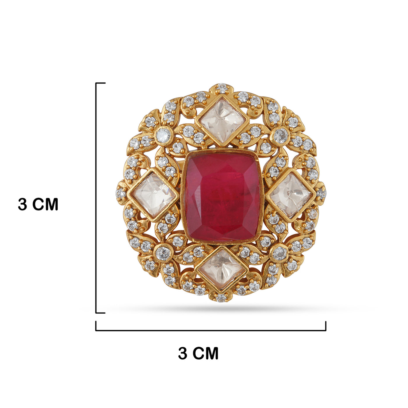 Ruby Gold Ring with measurements in cm. 3cm by 3cm.