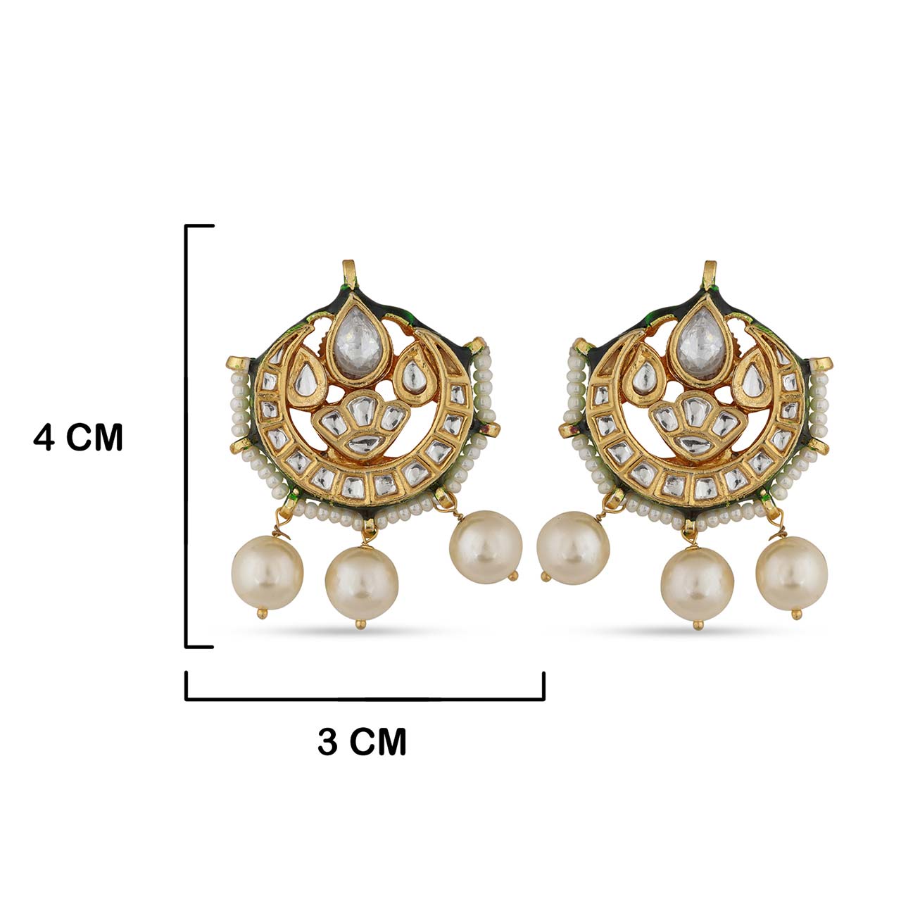 Pearl Drop Green Earrings with measurements in cm